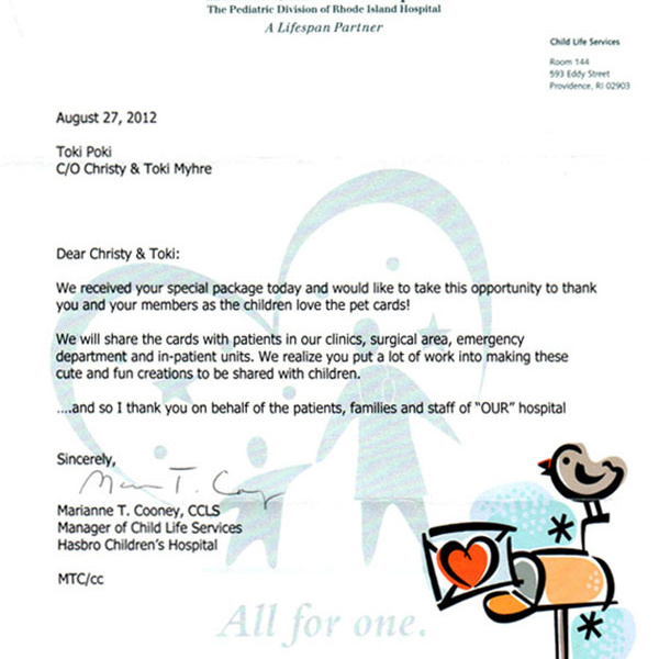 2012 Thank You note from Hasbro Childrens Hospital
